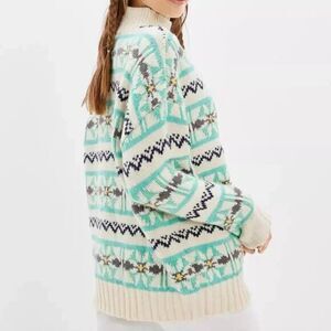 AMERICAN EAGLE AE Oversized Fairisle Mock Neck Sweater XS Green Ivory Cottage B9